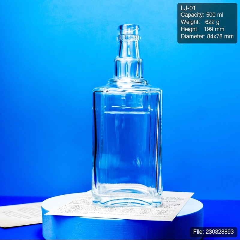 500ml Empty Clear Glass Whiskey Bottle LJ-01 | Premium Square Spirit Bottle